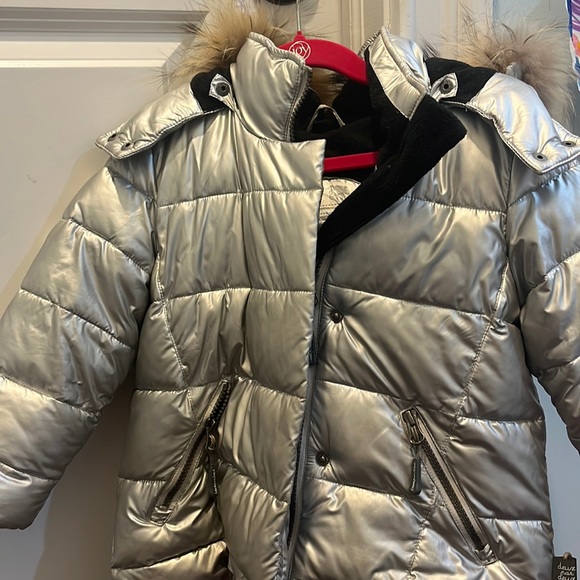 Girls 4 deux par deux silver ski jacket with fur trimmed hood
